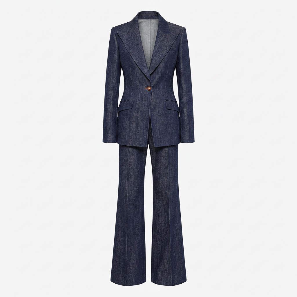 Faux Denim One Button Tailored Blazer and Wide Leg Pants Suit Set for Meetings Ready and Modern Executive Style Women-Vyana Collective