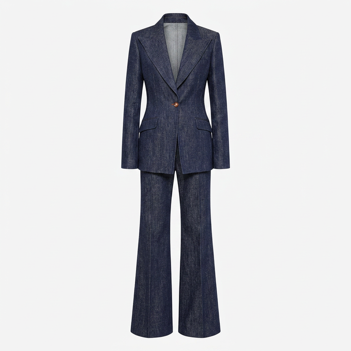 Faux Denim One Button Tailored Blazer and Wide Leg Pants Suit Set for Meetings Ready and Modern Executive Style Women-Vyana Collective