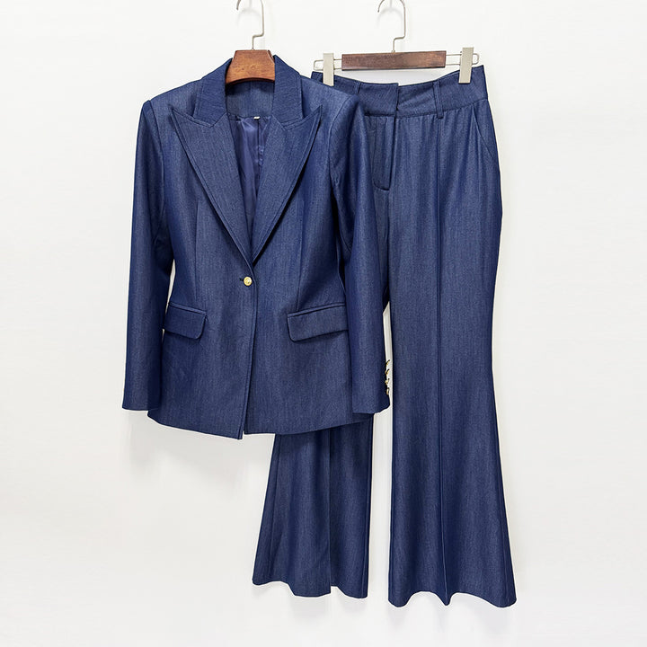 Faux Denim One Button Tailored Blazer and Wide Leg Pants Suit Set for Meetings Ready and Modern Executive Style Women-Vyana Collective