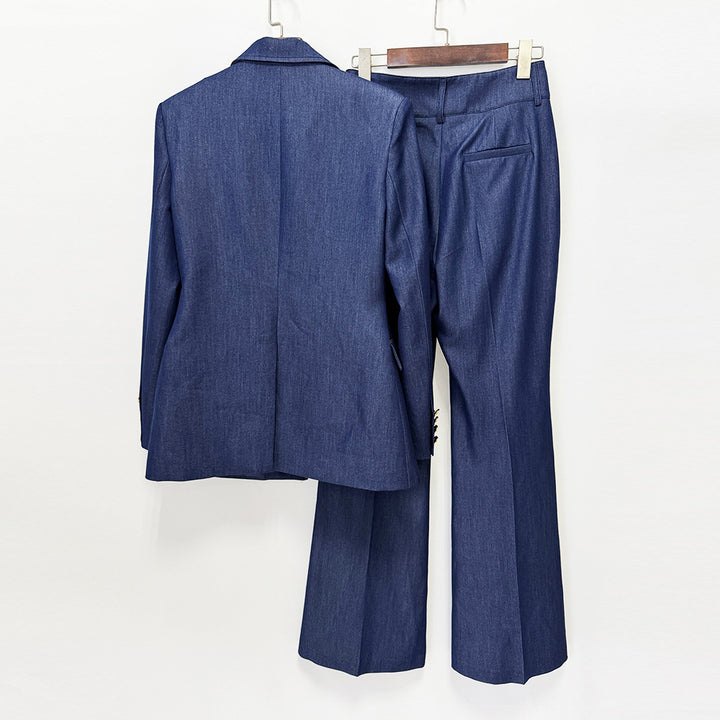 Faux Denim One Button Tailored Blazer and Wide Leg Pants Suit Set for Meetings Ready and Modern Executive Style Women-Vyana Collective
