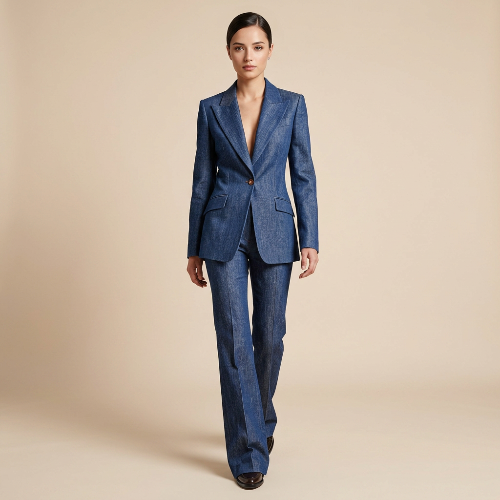 Faux Denim One Button Tailored Blazer and Wide Leg Pants Suit Set for Meetings Ready and Modern Executive Style Women-Vyana Collective