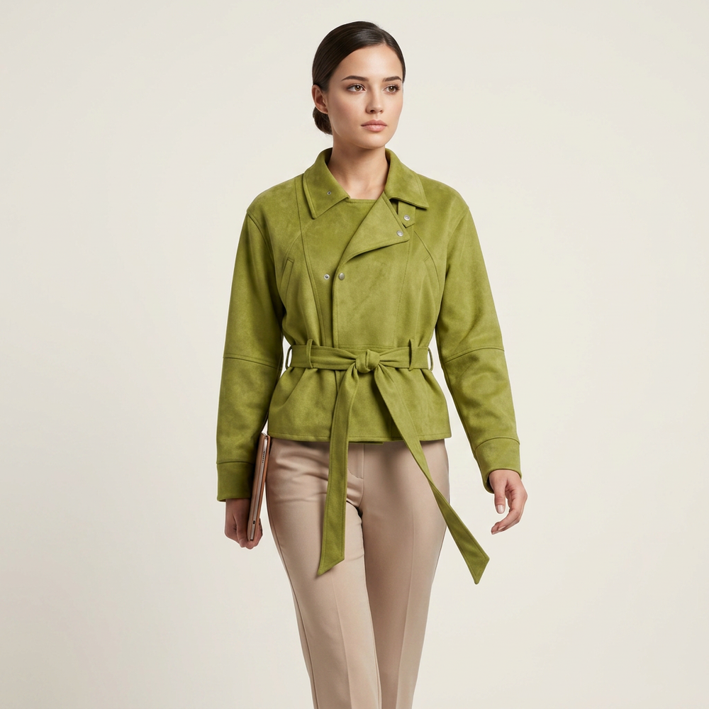 Faux Suede Stand Collar Waist Tie Oversized Jacket for Modern Chic Style-Vyana Collective