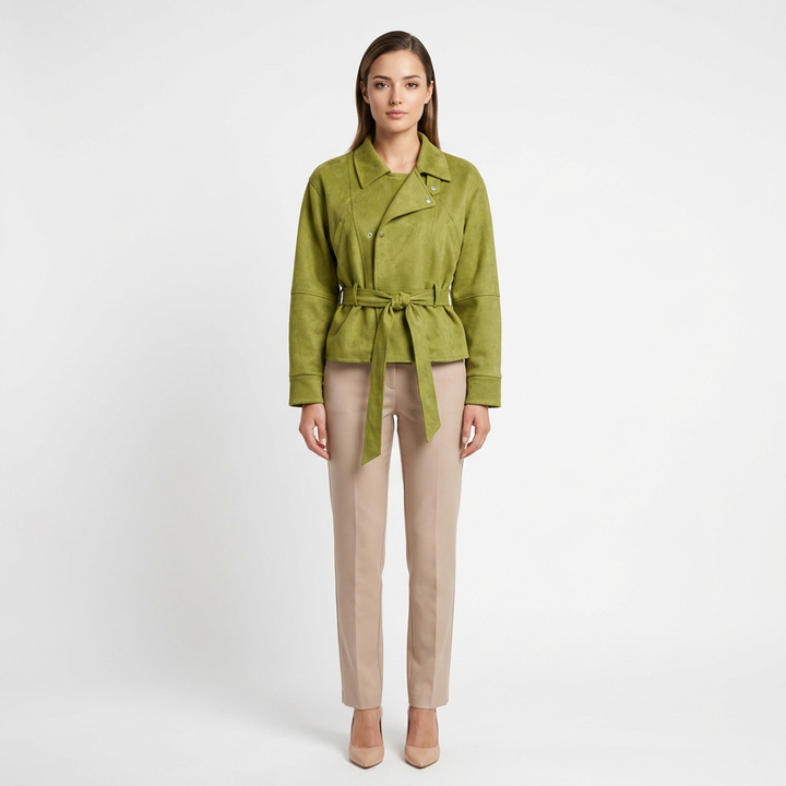 Faux Suede Stand Collar Waist Tie Oversized Jacket for Modern Chic Style-Vyana Collective