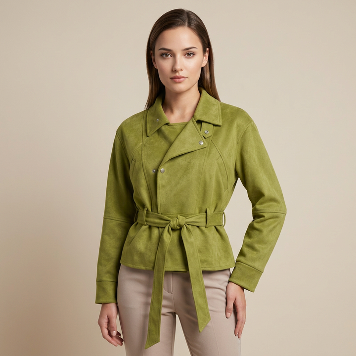Faux Suede Stand Collar Waist Tie Oversized Jacket for Modern Chic Style-Vyana Collective