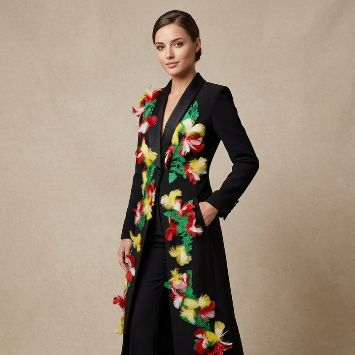 Feather Embellished Longline Blazer Coat for Friday Night Vibes Women-Vyana Collective