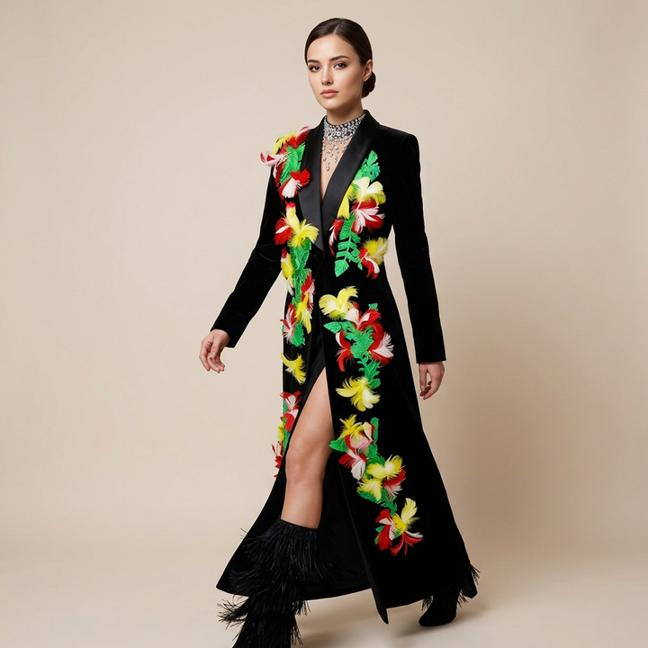 Feather Embellished Longline Blazer Coat for Friday Night Vibes Women-Vyana Collective