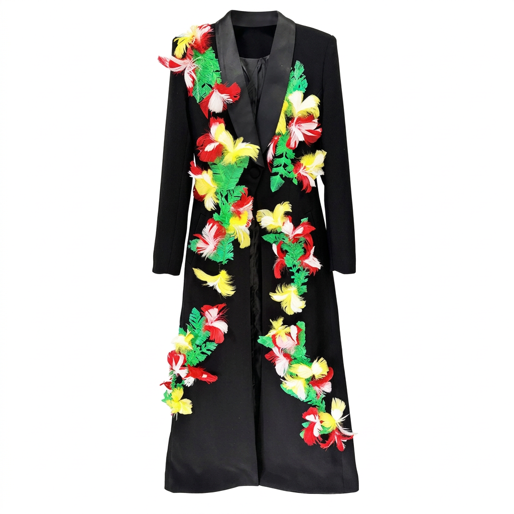 Feather Embellished Longline Blazer Coat for Friday Night Vibes Women-Vyana Collective