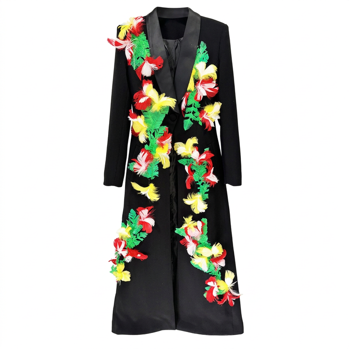 Feather Embellished Longline Blazer Coat for Friday Night Vibes Women-Vyana Collective