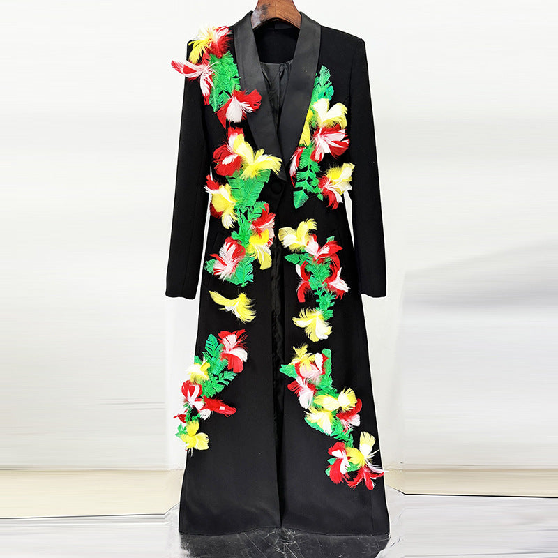 Feather Embellished Longline Blazer Coat for Friday Night Vibes Women-Vyana Collective