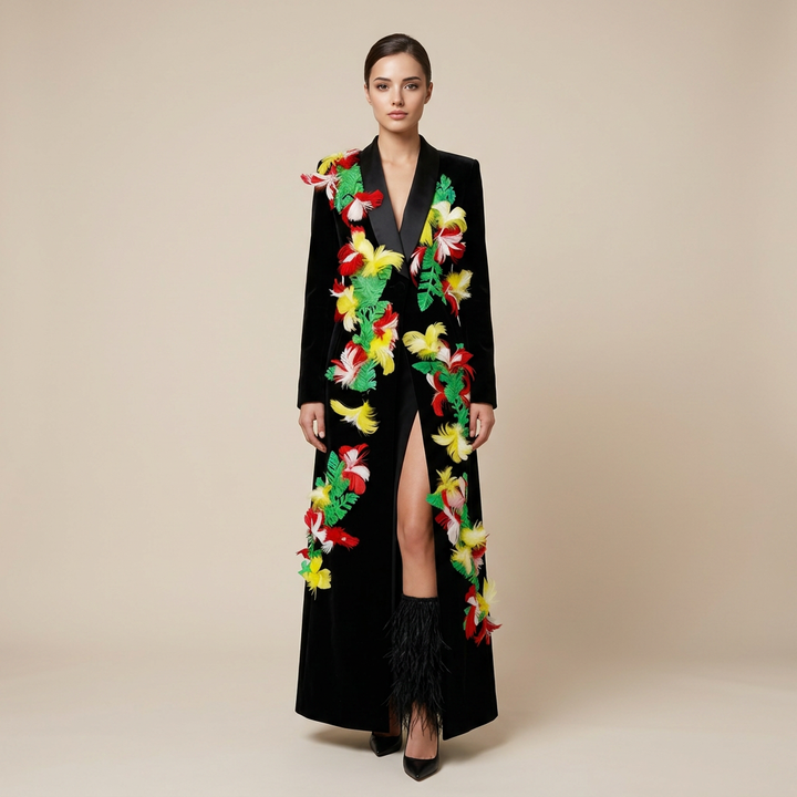Feather Embellished Longline Blazer Coat for Friday Night Vibes Women-Vyana Collective
