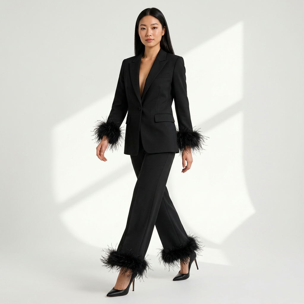 Feather-Trim Single-Button Blazer and Pants Set-Vyana Collective