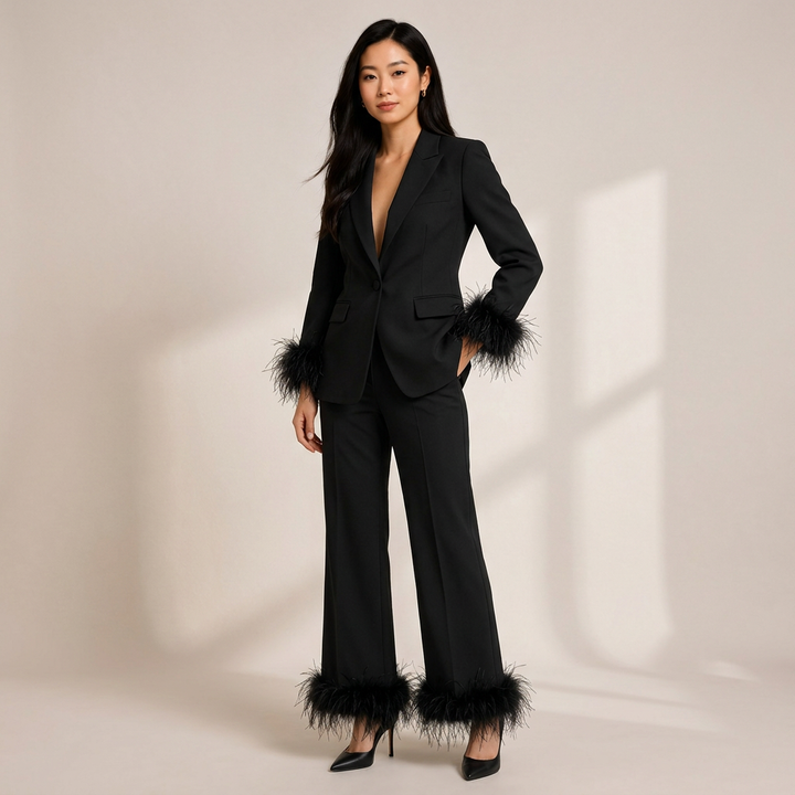 Feather-Trim Single-Button Blazer and Pants Set-Vyana Collective