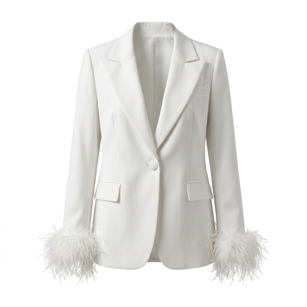 Feather-Trim Single-Button Blazer and Pants Set-Vyana Collective