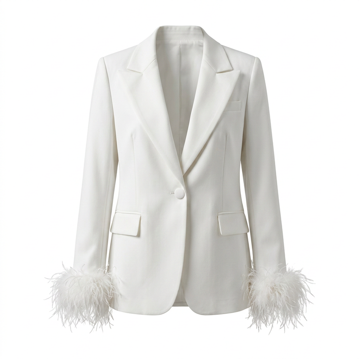Feather-Trim Single-Button Blazer and Pants Set-Vyana Collective