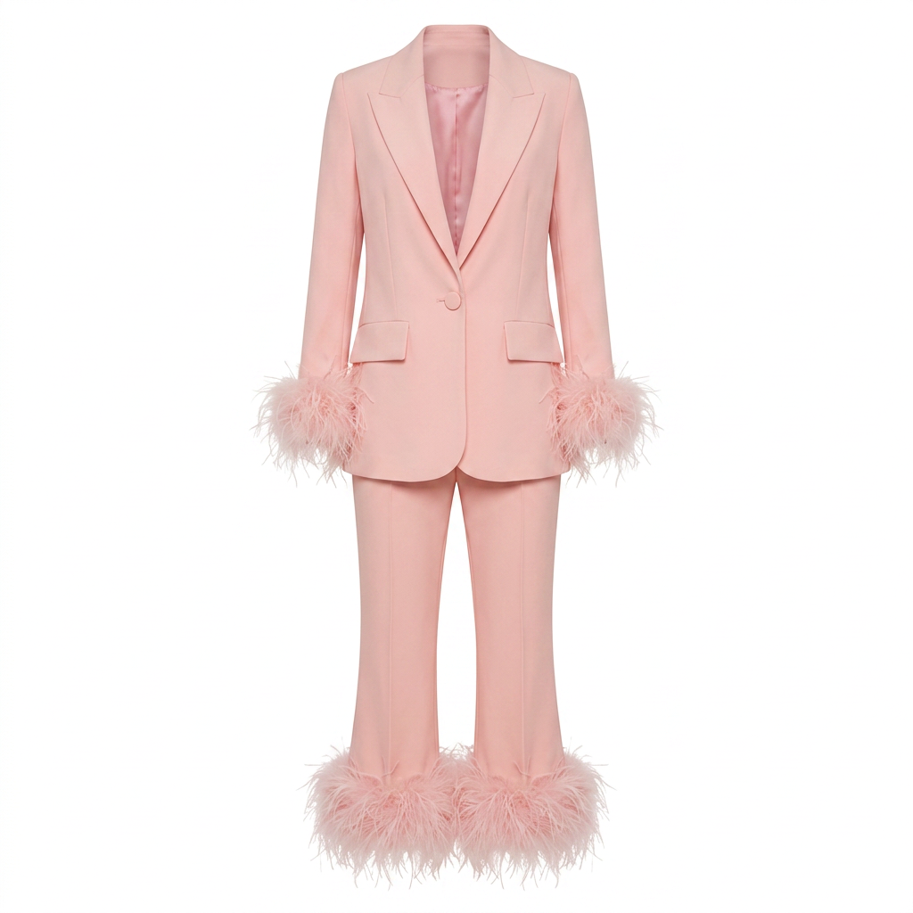 Feather-Trim Single-Button Blazer and Pants Set-Vyana Collective