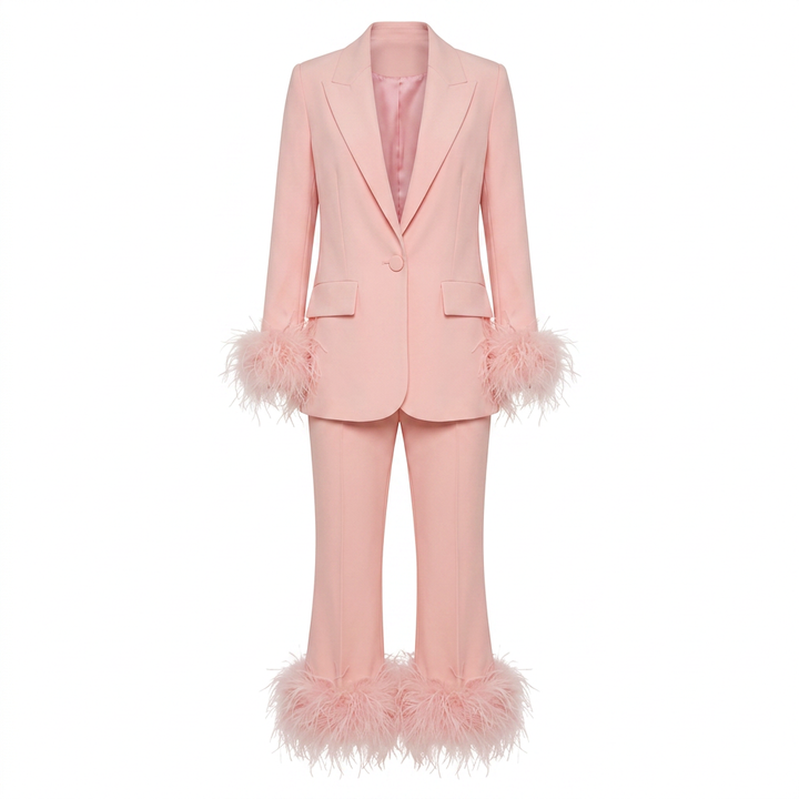 Feather-Trim Single-Button Blazer and Pants Set-Vyana Collective