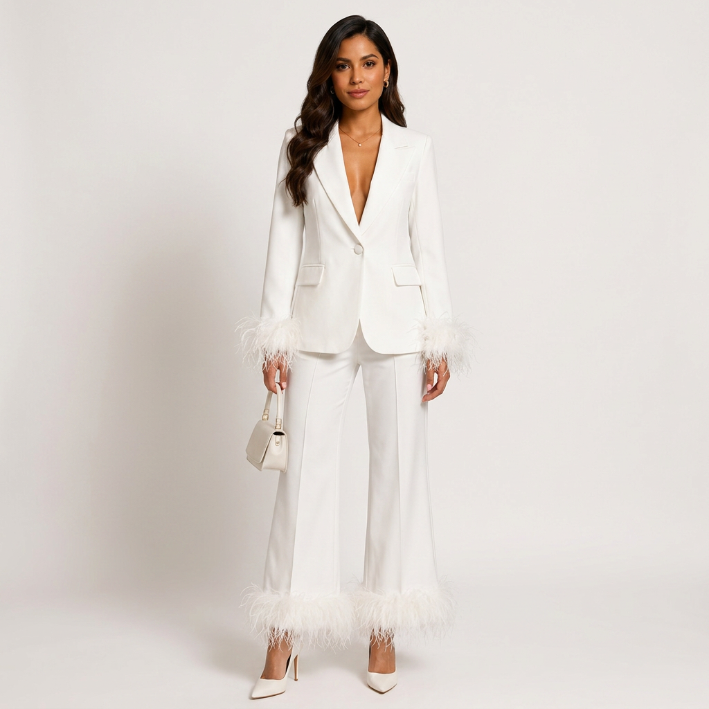 Feather-Trim Single-Button Blazer and Pants Set-Vyana Collective
