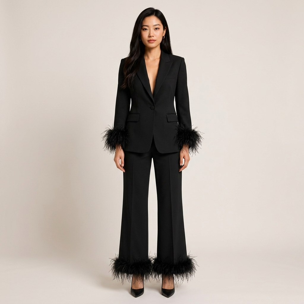 Feather-Trim Single-Button Blazer and Pants Set-Vyana Collective