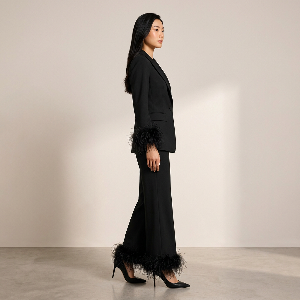 Feather-Trim Single-Button Blazer and Pants Set-Vyana Collective