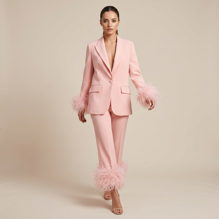 Feather-Trim Single-Button Blazer and Pants Set-Vyana Collective