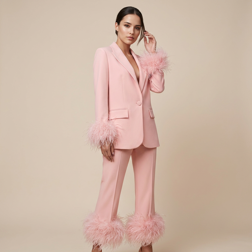 Feather-Trim Single-Button Blazer and Pants Set-Vyana Collective