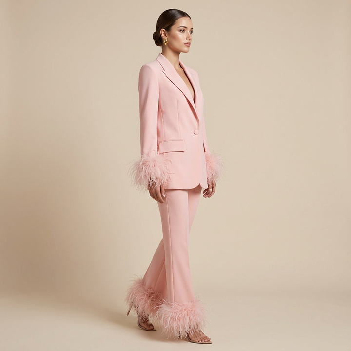 Feather-Trim Single-Button Blazer and Pants Set-Vyana Collective
