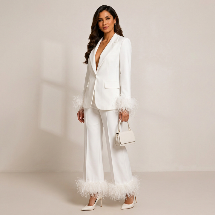 Feather-Trim Single-Button Blazer and Pants Set-Vyana Collective