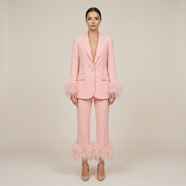 Feather-Trim Single-Button Blazer and Pants Set-Vyana Collective
