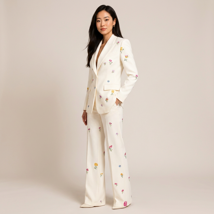 Floral Blazer and Wide Leg Trousers Suit for Office and Occasion Wear-Vyana Collective
