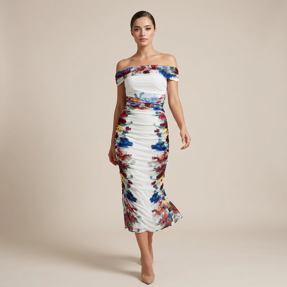 Floral Off-the-Shoulder Mesh Top and Ruched Midi Skirt Set for Friday Night Vibes Women-Vyana Collective