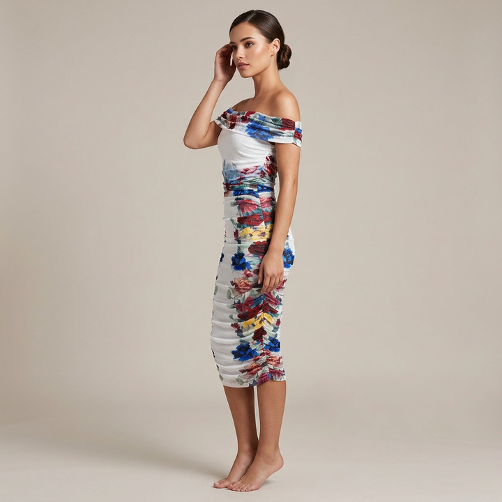 Floral Off-the-Shoulder Mesh Top and Ruched Midi Skirt Set for Friday Night Vibes Women-Vyana Collective