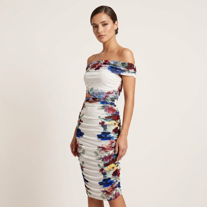 Floral Off-the-Shoulder Mesh Top and Ruched Midi Skirt Set for Friday Night Vibes Women-Vyana Collective