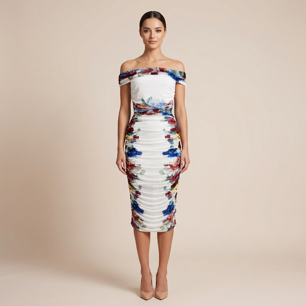 Floral Off-the-Shoulder Mesh Top and Ruched Midi Skirt Set for Friday Night Vibes Women-Vyana Collective
