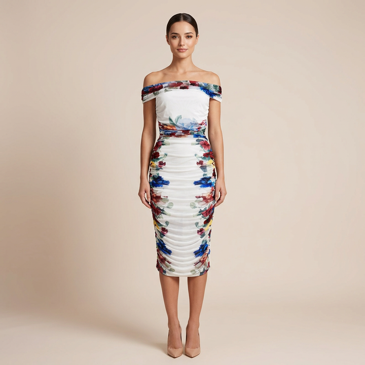 Floral Off-the-Shoulder Mesh Top and Ruched Midi Skirt Set for Friday Night Vibes Women-Vyana Collective