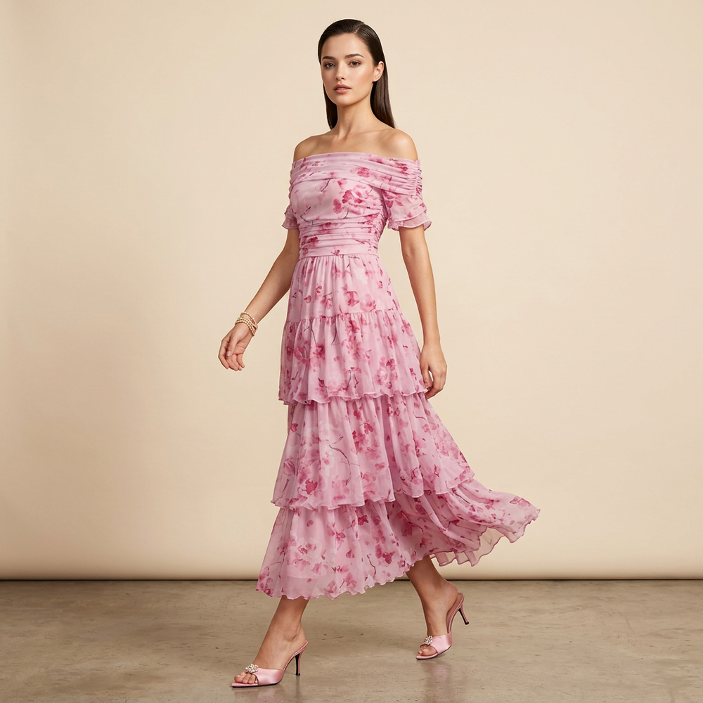 Floral Off-the-Shoulder Tiered Maxi Dress-Vyana Collective
