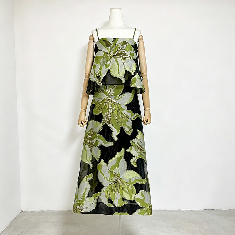 Floral Organza Spaghetti Strap Cropped Top &amp; Midi Skirt Two-Piece Set-Vyana Collective