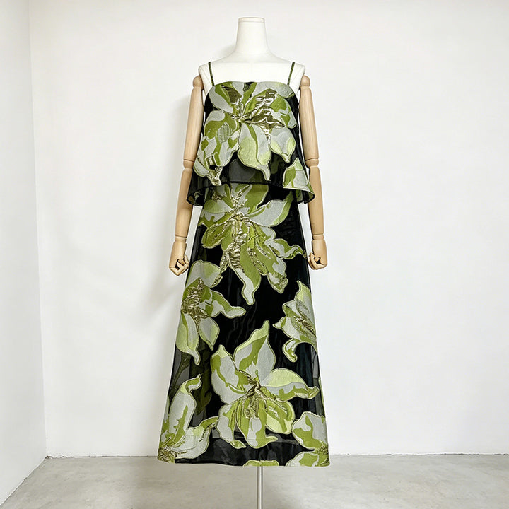 Floral Organza Spaghetti Strap Cropped Top &amp; Midi Skirt Two-Piece Set-Vyana Collective