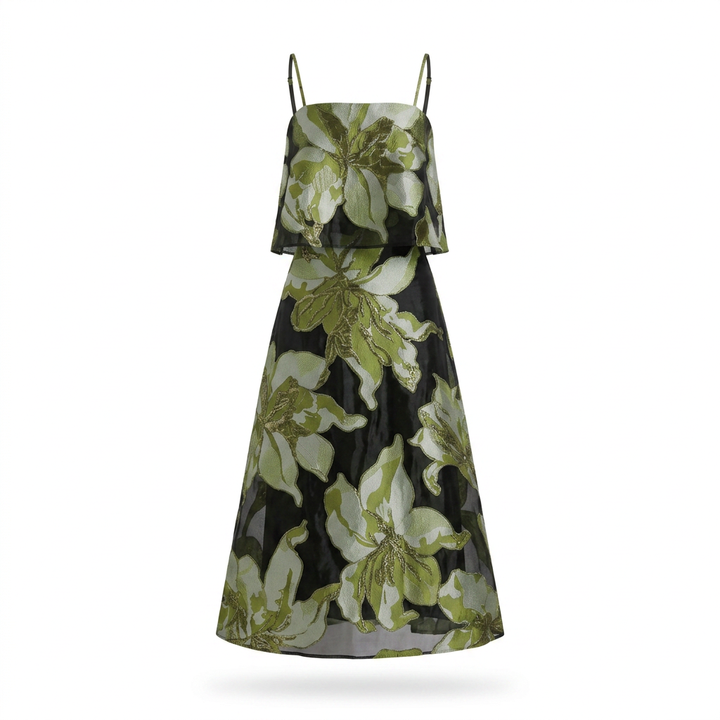 Floral Organza Spaghetti Strap Cropped Top &amp; Midi Skirt Two-Piece Set-Vyana Collective