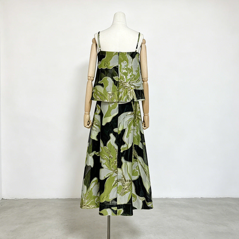 Floral Organza Spaghetti Strap Cropped Top &amp; Midi Skirt Two-Piece Set-Vyana Collective
