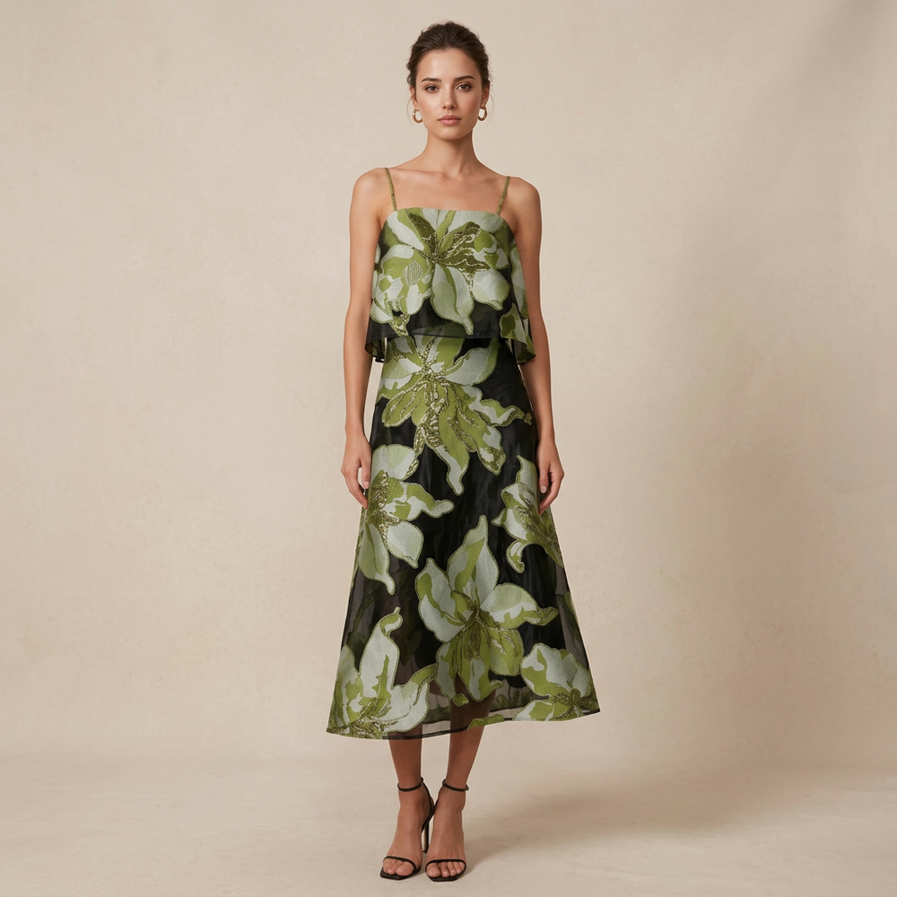 Floral Organza Spaghetti Strap Cropped Top & Midi Skirt Two-Piece Set-Vyana Collective