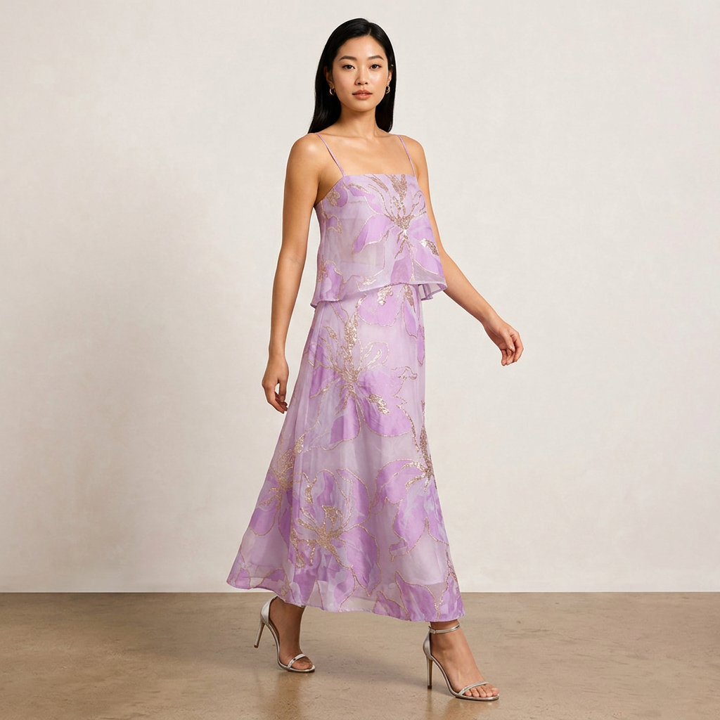 Floral Organza Spaghetti Strap Cropped Top &amp; Midi Skirt Two-Piece Set-Vyana Collective
