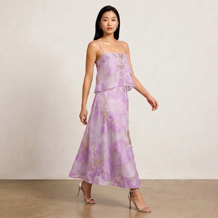 Floral Organza Spaghetti Strap Cropped Top &amp; Midi Skirt Two-Piece Set-Vyana Collective