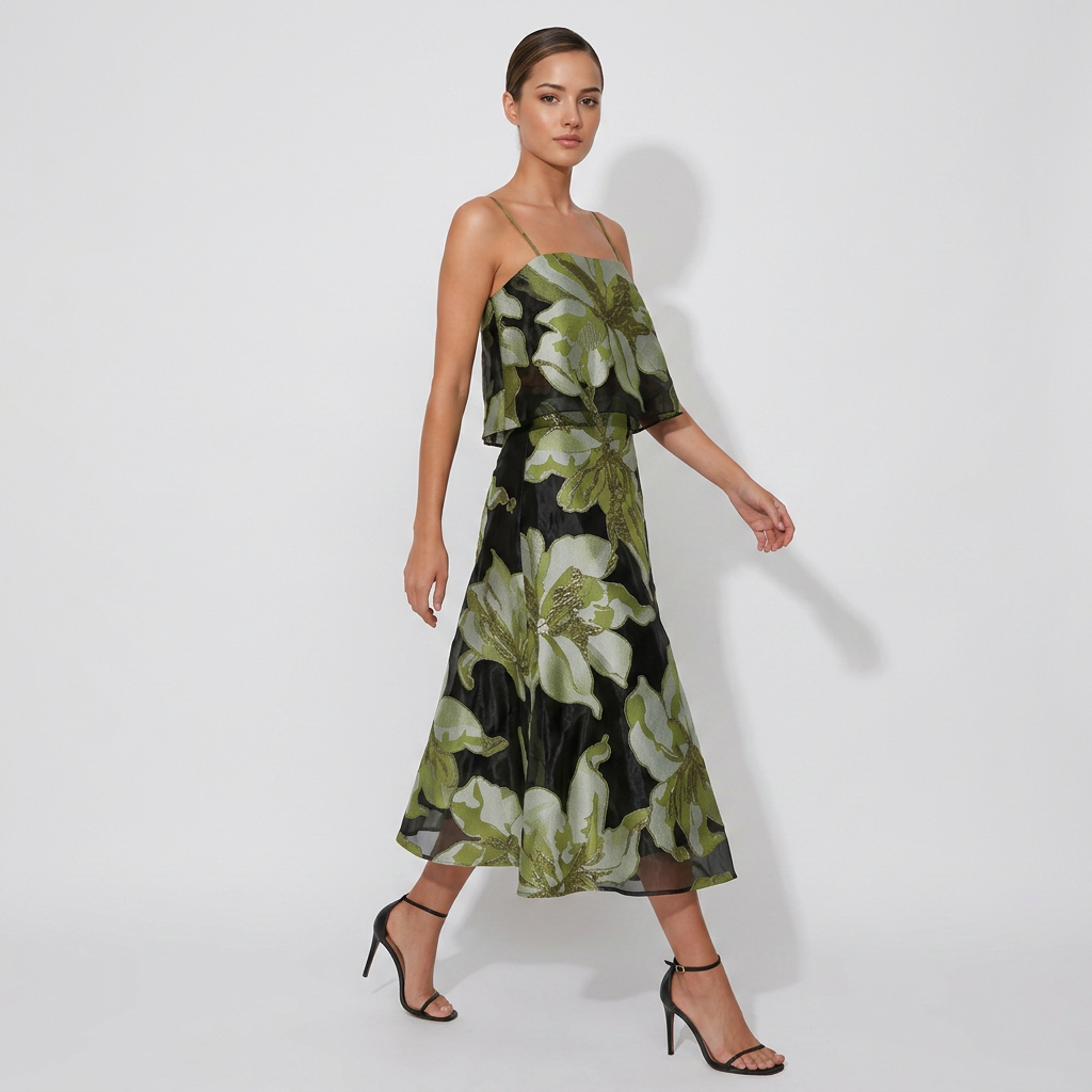 Floral Organza Spaghetti Strap Cropped Top &amp; Midi Skirt Two-Piece Set-Vyana Collective