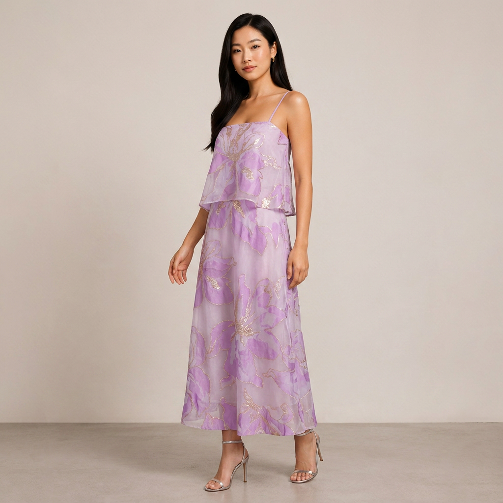 Floral Organza Spaghetti Strap Cropped Top &amp; Midi Skirt Two-Piece Set-Vyana Collective