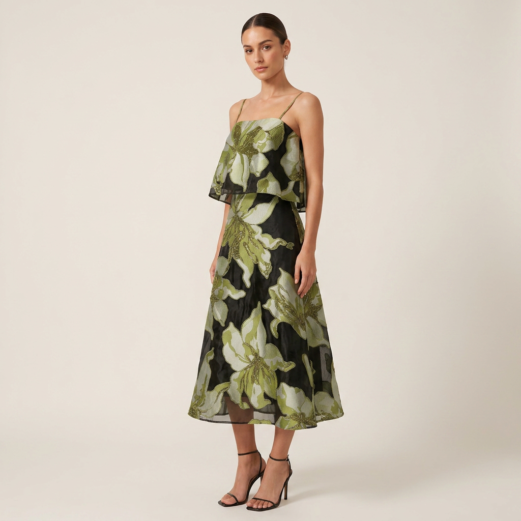 Floral Organza Spaghetti Strap Cropped Top &amp; Midi Skirt Two-Piece Set-Vyana Collective