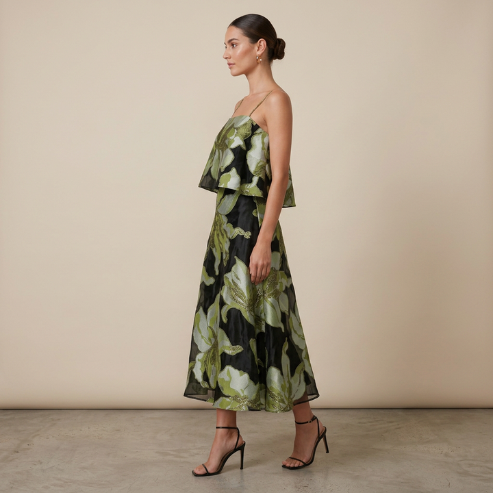 Floral Organza Spaghetti Strap Cropped Top &amp; Midi Skirt Two-Piece Set-Vyana Collective