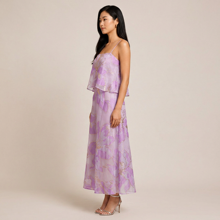 Floral Organza Spaghetti Strap Cropped Top &amp; Midi Skirt Two-Piece Set-Vyana Collective