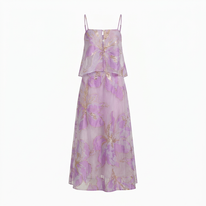 Floral Organza Spaghetti Strap Cropped Top &amp; Midi Skirt Two-Piece Set-Vyana Collective
