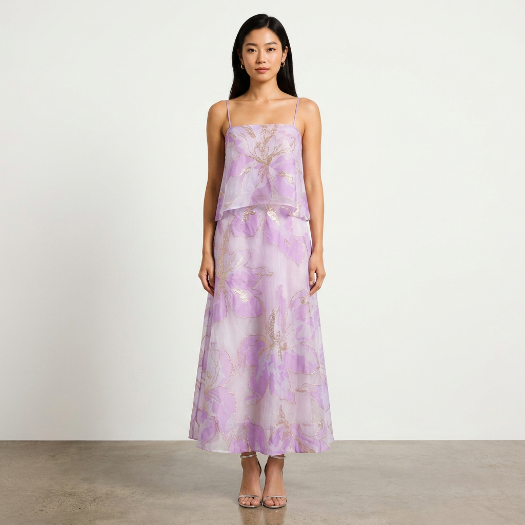 Floral Organza Spaghetti Strap Cropped Top &amp; Midi Skirt Two-Piece Set-Vyana Collective