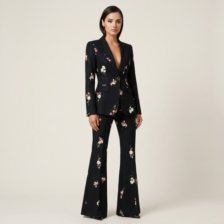 Floral Print Blazer and Flared Pants Set for Garden Parties and Elegant Style Women-Vyana Collective